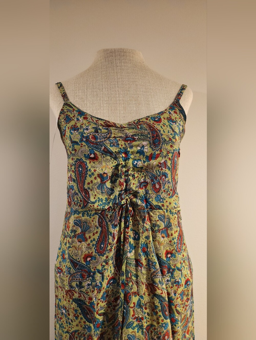 White Waves Green Paisley Tiered Boho Maxi Dress with Red & Blue Accents - Picture 4 of 11